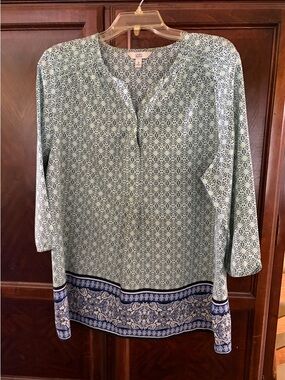 croft & barrow Seafoam Green Printed Tunic with Navy Border